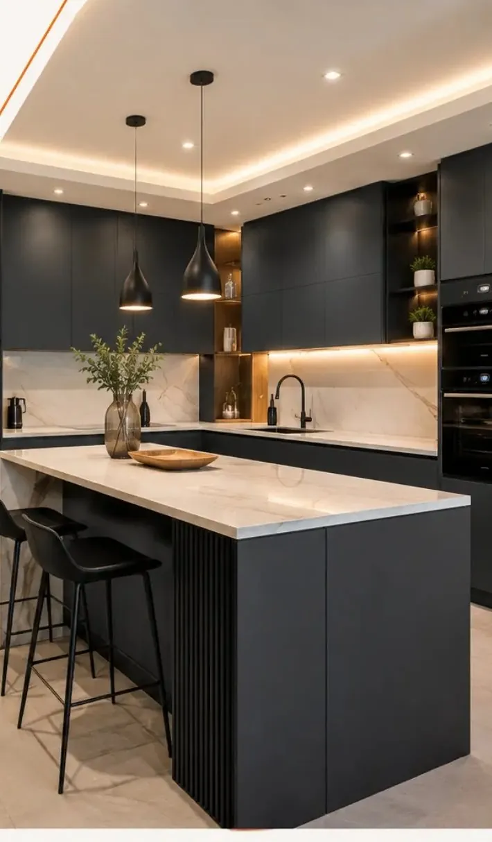 Cuisine sur mesure noire avec îlot central et plan en marbre