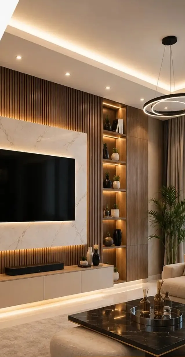 Salon moderne avec TV Wall en marbre et tasseaux bois, Casablanca