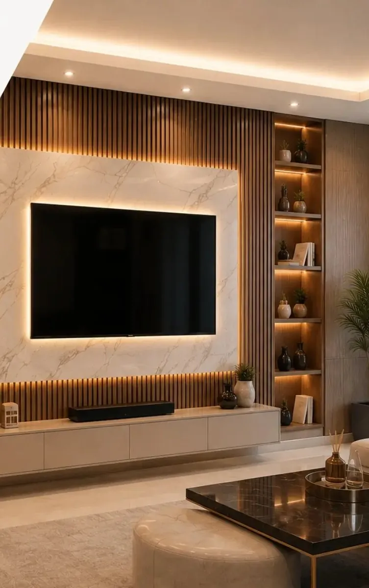 TV Wall rétroéclairé avec niches et tasseaux bois